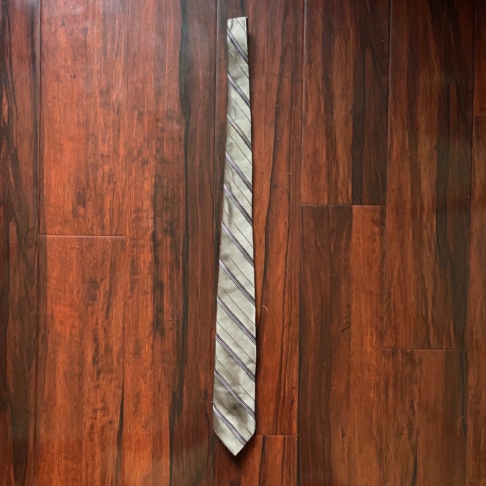 Vintage Christian Dior Striped Silk Blend Tie 80s Tan Red White Formal Business